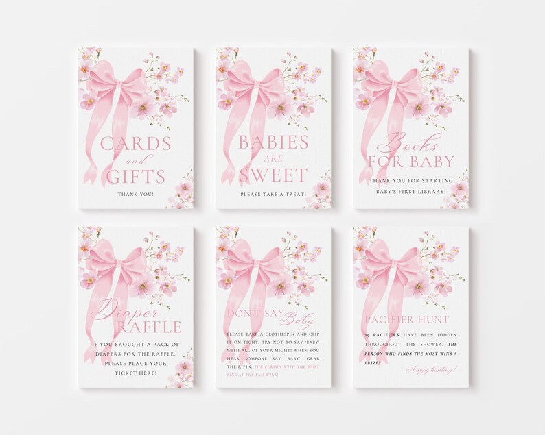 Pink Bow Floral Baby Shower Signs Bundle, Baby in Bloom Table Signs ...