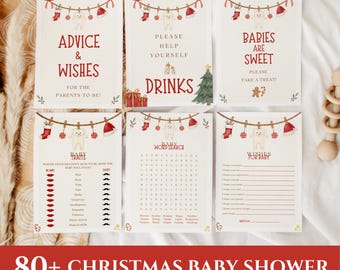 May include: Six rectangular cards featuring Christmas-themed baby shower games and signs. Each card displays a clothesline with stockings, hats, and a tooth character. Text includes Advice & Wishes, Please Help Yourself Drinks, Babies Are Sweet, Baby Traits, Baby Word Search, and Wishes For Baby.