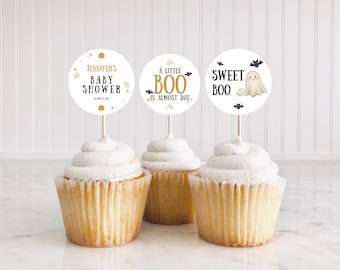 A Little Boo Cupcake Toppers, Halloween Baby Shower Decor Printable, Editable Fall Spooky Party Label, Cute Ghost Cake Decorations, HB01