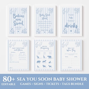 May include: Six rectangular baby shower signs and game cards featuring a light blue and white vertical striped background. Each card displays blue line art of sea creatures and text including Babies are Sweet, Baby Sock Hunt, and Animal Pregnancy.