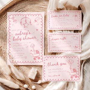 Pink Hand Drawn Baby Shower Invitation Set, Whimsical Girl Invite Suite w/ Cards Printable, Handwritten Scribble Digital Evite Editable HS01