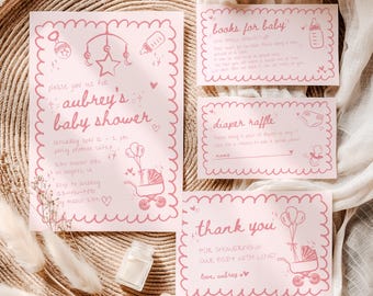 Pink Hand Drawn Baby Shower Invitation Set, Whimsical Girl Invite Suite w/ Cards Printable, Handwritten Scribble Digital Evite Editable HS01
