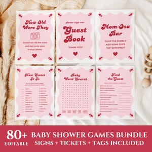 Pacchetto giochi per baby shower di San Valentino, set di modelli A Little Sweetheart, cartelli e biglietti modificabili, pacchetto di giochi stampabili, cuore rosso rosa ondulato VBS02