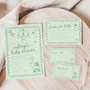 Grünes handgezeichnetes Babypartyeinladungsset, wunderliche geschlechtsneutrale Einladungsreihe zum Ausdrucken, handgeschriebenes Funky Scribble Evite bearbeitbar HS01