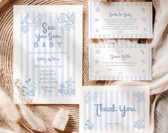 May include: A baby shower invitation set featuring light blue vertical stripes and nautical illustrations of whales, shells, and starfish. The text includes Sea You Soon BABY, Books for Baby, Diaper Raffle, and Thank You, with event details for Ashley Wilkins.