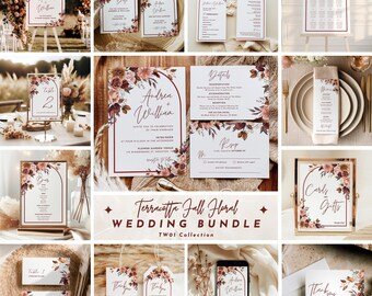 May include: A wedding stationery bundle featuring white paper cards with terracotta and burgundy floral arch designs. The set includes invitations, RSVP cards, menus, table numbers, and signage with black serif and script text for a cohesive event.