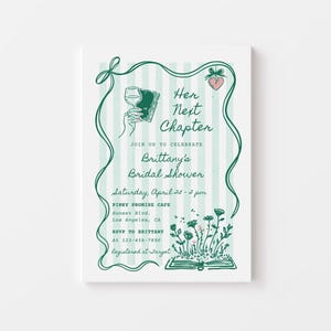 May include: A bridal shower invitation with a green and white striped background. The invitation features the text "Her Next Chapter" and details for Brittany's bridal shower, including the date, time, and location.