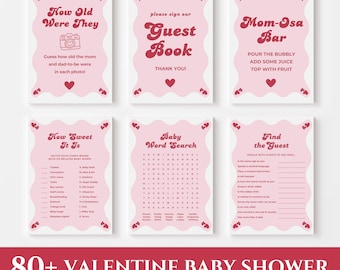 Puede incluir: Seis tarjetas de juego para baby shower rectangulares con bordes rosas ondulados y texto rojo oscuro. Las tarjetas presentan títulos como How Old Were They, Guest Book, Mom-Osa Bar, How Sweet It Is, Baby Word Search y Find the Guest, decoradas con corazones.