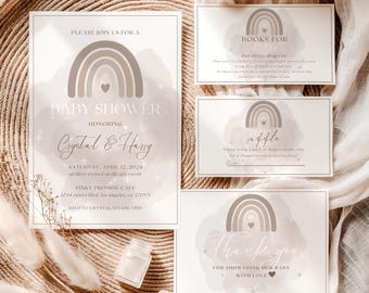 Neutrales Regenbogen-Babyparty-Einladungsset, geschlechtsneutrales Babyparty-Einladungsset zum ausdrucken, bearbeitbares Boho-Babyparty-Einladungsset, NRS01