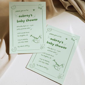 Green Hand Drawn Baby Shower Invitation Template, Whimsical Gender Neutral Invite Printable, Handwritten Quirky Scribble Evite Editable HS03