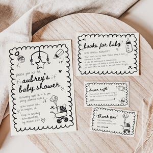 Hand Drawn Baby Shower Invitation Set, Whimsical Neutral Invite Suite w/ Cards Printable, Handwritten Scribble Digital Evite Editable, HS01