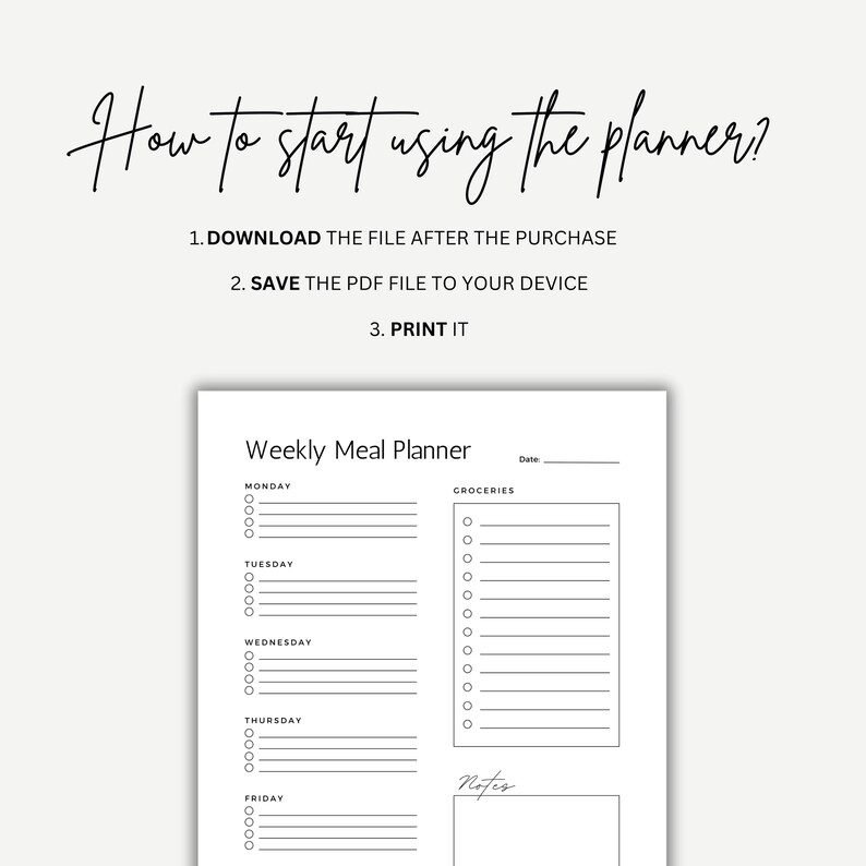 Food Plan Note Weekly Meal Planner With Grocery List and Notes, Printable Weekly Meal ...