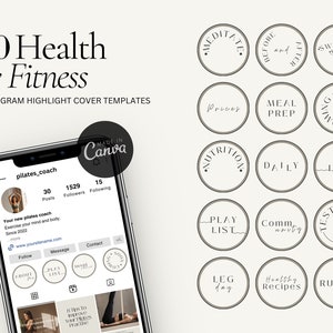 Puede incluir: 40 plantillas de portada de destacados de Instagram para salud y fitness. Las plantillas presentan diseños minimalistas con texto como "Meditar", "Precios", "Preparación de comidas", "Diario", "Lista de reproducción", "Día de piernas", "Recetas saludables" y "Correr".