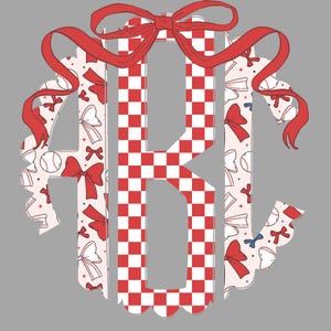May include: A red, white and blue monogram with the letters "ABC" in a chequered pattern. The letters are surrounded by a pink and white pattern with baseballs and bows.