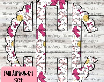 Pink Softball Bow Monogram Alphabet: Scallop Edge (Digital Download)