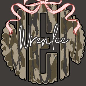 Custom Camo Monogram with Pink Bow PNG, Bottomland Camo Monogram, Personalized Hunting Monogram, Custom Monogram png, Coquette Monogram