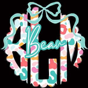 May include: A colorful monogram design with the word "Bean" in a cursive font. The letters are in a scalloped circle with a bow at the top. The background has a pattern of colorful shapes in pink, orange, and teal.