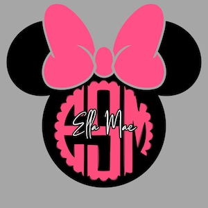 May include: Black and pink Minnie Mouse ears with a pink bow and a black and pink monogram that says "Ella Mae" in white.