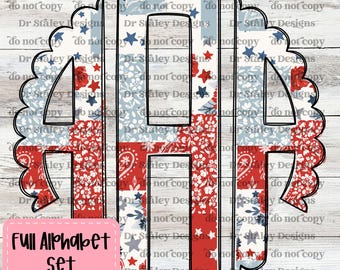 Patriotic Alphabet PNG Pack: Red White Blue Doodle Letters (Digital Download)