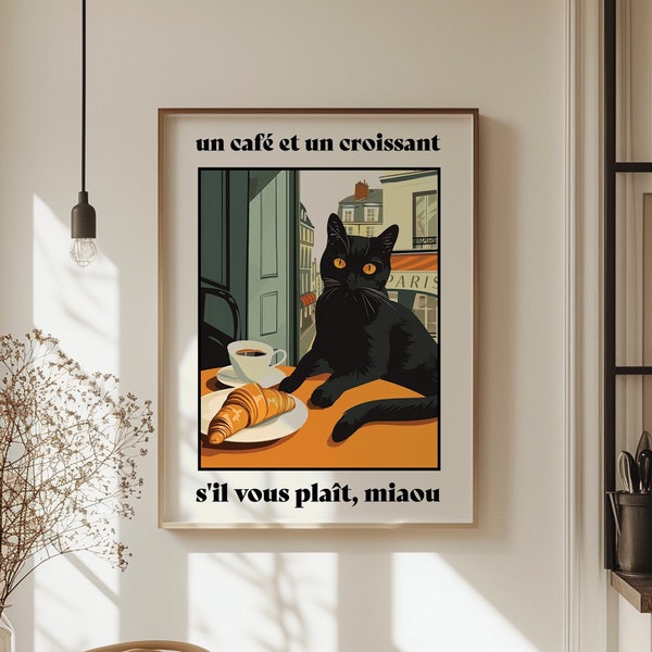 Black Cat Coffee Lover Wall Art, French Croissant Artful Retro Poster, Paris Cafe Funny Bar Cart Wall Decor, Quirky Kitchen Art DIGITAL, S90