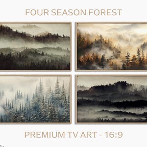 May include: Four images of a misty forest scene in different seasons. The top left image shows a green forest with fog. The top right image shows a forest with orange and brown trees and fog. The bottom left image shows a forest with blue-green trees and fog. The bottom right image shows a dark forest with fog.