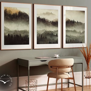 Dunkelgrüner Wald Wandbild, Nebliger Bergwald Drucke, neblige Bäume 3er Set Waldlandschaft, Natur PRINTFUL Art, S3-2