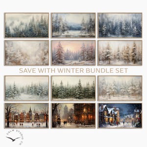 Arte para TV con marco de árboles nevados de hoja perenne, protector de pantalla navideño con un bosque invernal, acogedor paisaje rústico navideño para Samsung TV Art, TV43 imagen 11