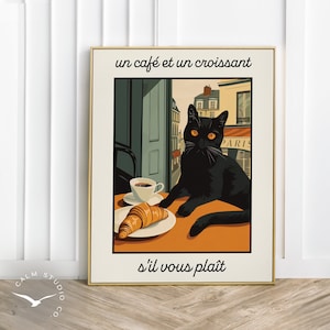 黒猫のコーヒー愛好家の壁アート、フランスのクロワッサン芸術的なレトロポスター、パリのカフェの面白いバーカートの壁装飾、風変わりなキッチンアートデジタル、S88