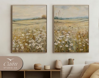 Wildflower Field Set of 2 Prints, Country Vintage Farm Wall Art, Landscape Painting, Neutral Split Print, Printful Farmhouse Decor, S2-1