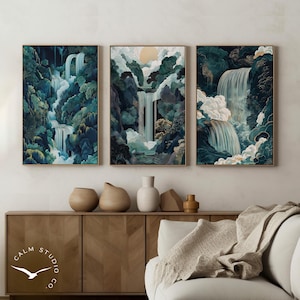 May include: Three framed prints of a waterfall cascading through a lush green forest. The prints are in a modern style with a blue and green color palette.