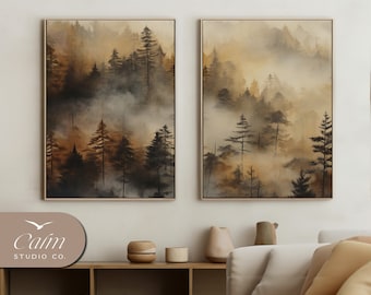 May include: Two framed watercolor paintings of a misty forest scene in shades of brown, gold, and gray. The paintings are hung on a white wall above a wooden shelf with decorative items.