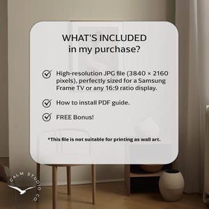 Puede incluir: Un gr&aacute;fico blanco con el texto "WHAT'S INCLUDED in my purchase?" enumera un archivo JPG de alta resoluci&oacute;n, una gu&iacute;a PDF y una bonificaci&oacute;n gratuita. La imagen es perfecta para un televisor Samsung Frame o cualquier pantalla 16:9.
