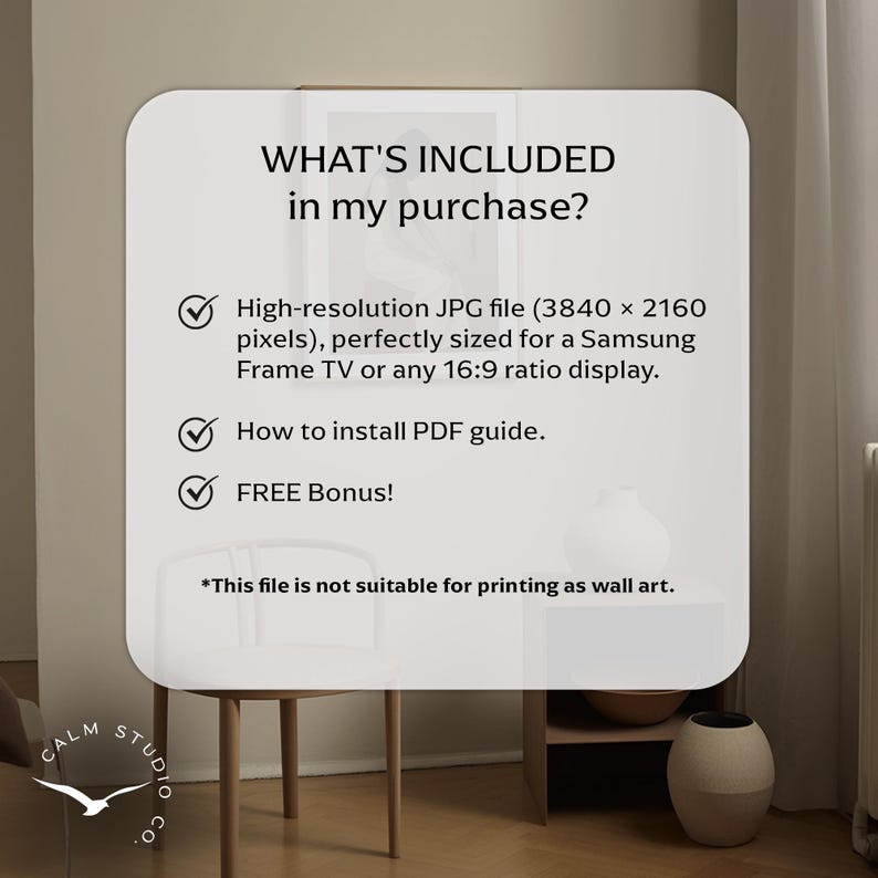 Puede incluir: Un gr&aacute;fico blanco con el texto "WHAT'S INCLUDED in my purchase?" enumera un archivo JPG de alta resoluci&oacute;n, una gu&iacute;a PDF y una bonificaci&oacute;n gratuita. La imagen es perfecta para un televisor Samsung Frame o cualquier pantalla 16:9.