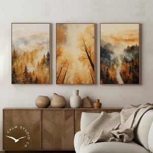 Herbst nebliger Wald, nebliger Morgen Wanddekor, Herbstlandschaften Aquarell Malerei Ästhetik 3er Set Digital Art Print DRUCKBAR, S3-12