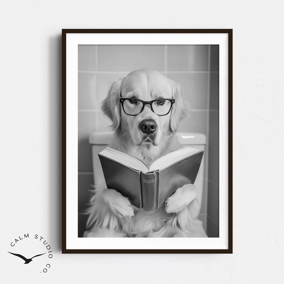 Golden Retriever Funny Bathroom Dog Poster, Black and White Animal Toilet Wallart, Pooping Art ...