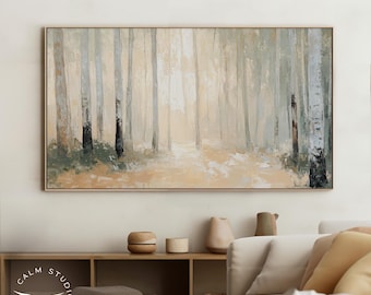 Marco abstracto de bosque de abedules para TV, arte de primavera con bosque neutro artístico, paisaje natural de verano rústico, marco de TV con decoración neutra de granja, 10