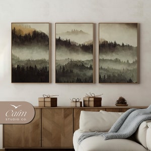Grüner Wald, Natur Landschaft Printables, Wand-Dekor ästhetische Poster, Kunstdrucke Leinwand Textur, nebligen Wald Set von 3 Wandkunst | S3-2