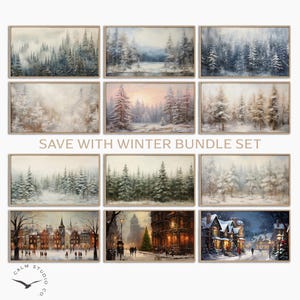 May include: A set of framed winter landscape paintings. The artwork shows snowy forests, cityscapes, and a winter bundle set. The text "SAVE WITH WINTER BUNDLE SET" is visible. The paintings are in a variety of colours, including white, blue, and brown.