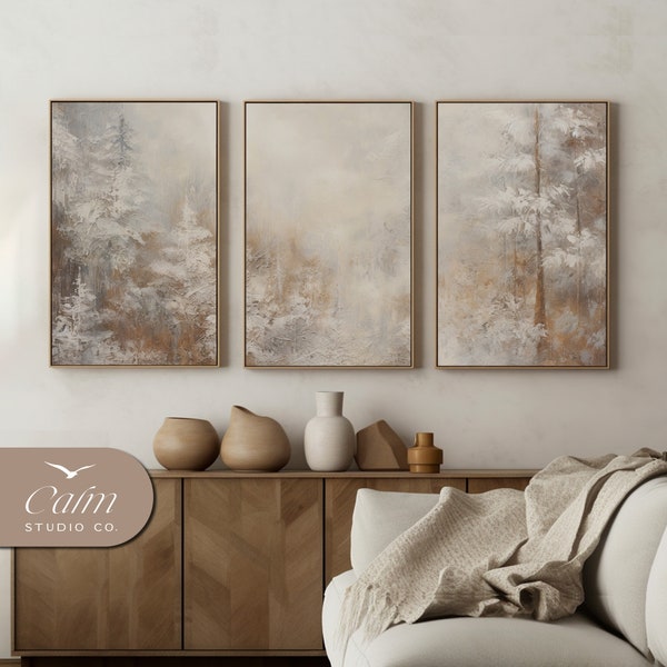 Neutral Abstract Trees Wallart, Pine Forest Set Of 3 Prints, Farmhouse Printful Art, Rustic Nature Landscape Digital Download | S3-20
