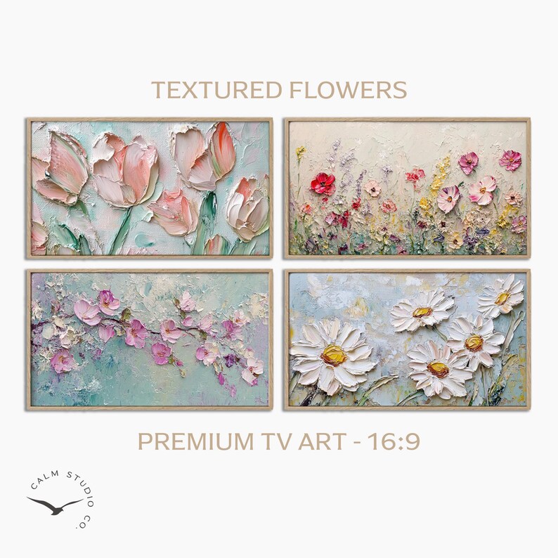 May include: Four rectangular framed floral paintings. The top left features pink tulips, the top right has red and pink flowers, the bottom left shows pink blossoms, and the bottom right displays white daisies. The text "TEXTURED FLOWERS" and "PREMIUM TV ART - 16:9" are visible.