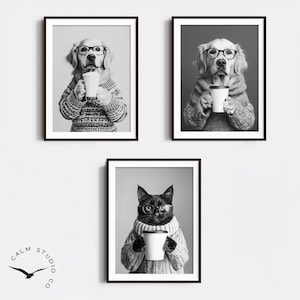 Animals Drinking Coffee Wallart, Black and White Print, Animal Lovers Gift, Funny Dog Poster, Kitchen Wall Decor, Cat Owner Gift, S133