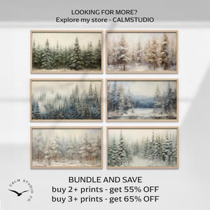 Arte para TV con marco de árboles nevados de hoja perenne, protector de pantalla navideño con un bosque invernal, acogedor paisaje rústico navideño para Samsung TV Art, TV43 imagen 4