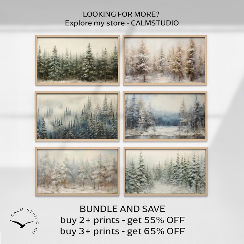 Arte para TV con marco de árboles nevados de hoja perenne, protector de pantalla navideño con un bosque invernal, acogedor paisaje rústico navideño para Samsung TV Art, TV43 imagen 4