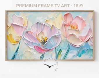 Arte floral en tonos pastel para TV, pintura abstracta de flores con textura, arte botánico primaveral en rosa y amarillo, descarga digital 4K para Samsung Frame TV, TV15
