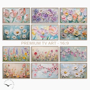 May include: A collection of nine floral paintings in rectangular wooden frames. The artwork features various flowers, including tulips, daisies, and blossoms, in a textured, impasto style. The color palette includes pinks, purples, yellows, and whites. The text "PREMIUM TV ART - 16:9" is visible.