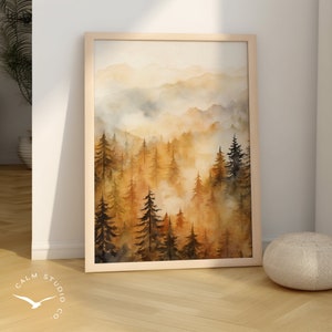 Nebliger Wald Wandkunst, Herbst Natur Landschaft, Digitaldruck, Warme Herbstästhetik, beruhigendes Poster, neblige Bäume, druckbares Wanddekor, S1-3