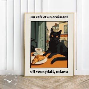 黒猫のコーヒー愛好家の壁アート、フランスのクロワッサン芸術的なレトロポスター、パリのカフェの面白いバーカートの壁装飾、風変わりなキッチンアートデジタル、S90