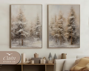 May include: Two framed paintings of a snowy forest scene with tall, slender trees in shades of brown, white, and gray. The paintings are hung on a white wall above a wooden shelf with decorative items.