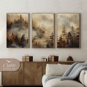 Herbst nebliger Wald, nebliger Morgen Wanddekor, Herbstlandschaften Ölgemälde, Herbstästhetik 3er-Set, digitale Kunst Druck DRUCKBAR | S3-11