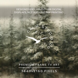Puede incluir: Una impresi&oacute;n de arte digital que presenta una escena de bosque invernal con &aacute;rboles cubiertos de nieve en tonos grises y verdes. La imagen incluye el texto "CALM STUDIO CO" y "PREMIUM FRAME TV ART". La resoluci&oacute;n es de 3840x2160 p&iacute;xeles.